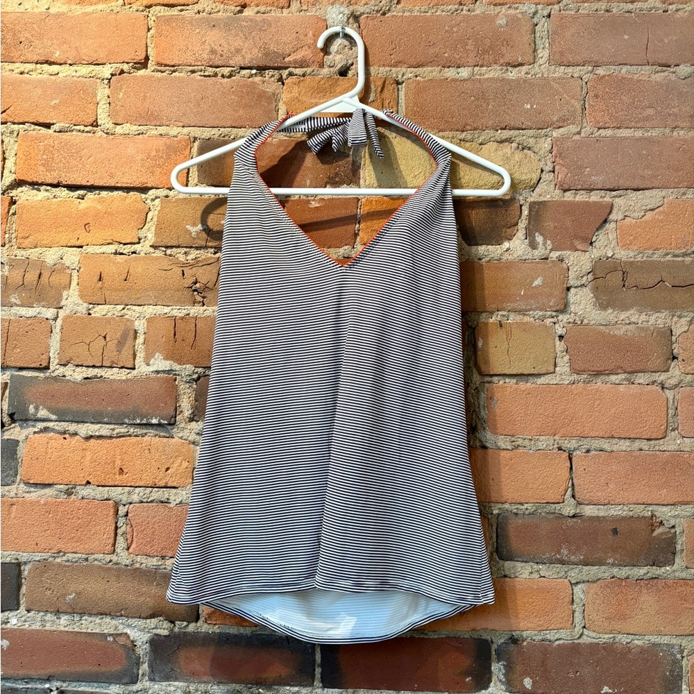 Anna Cole Striped Blue & White Swim Tank Top with Orange Trim. Size: M